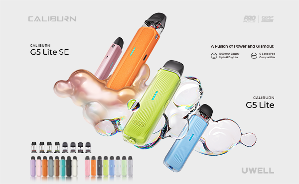 Uwell Caliburn G5 Lite stick-style pod vape with translucent shell and GPP pod attached, showing slim ergonomic design and LED battery indicator.