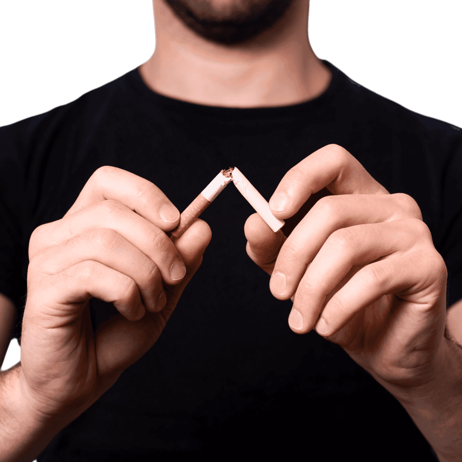 Person breaking cigarettes, symbolizing the desire to quit smoking for good. Want to quit Cigarettes for good.