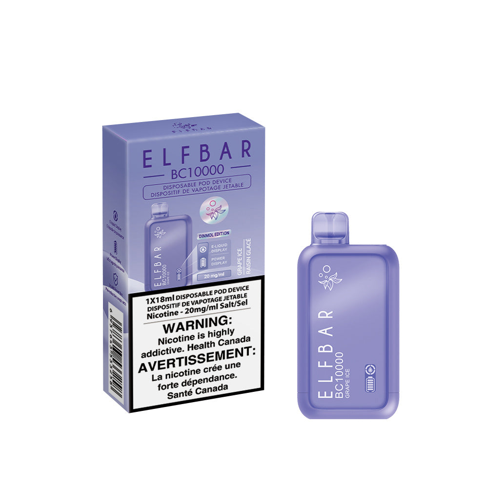 Elf Bar disposable vape device packaging with warning label on a white background. BC10000-Grape-Ice