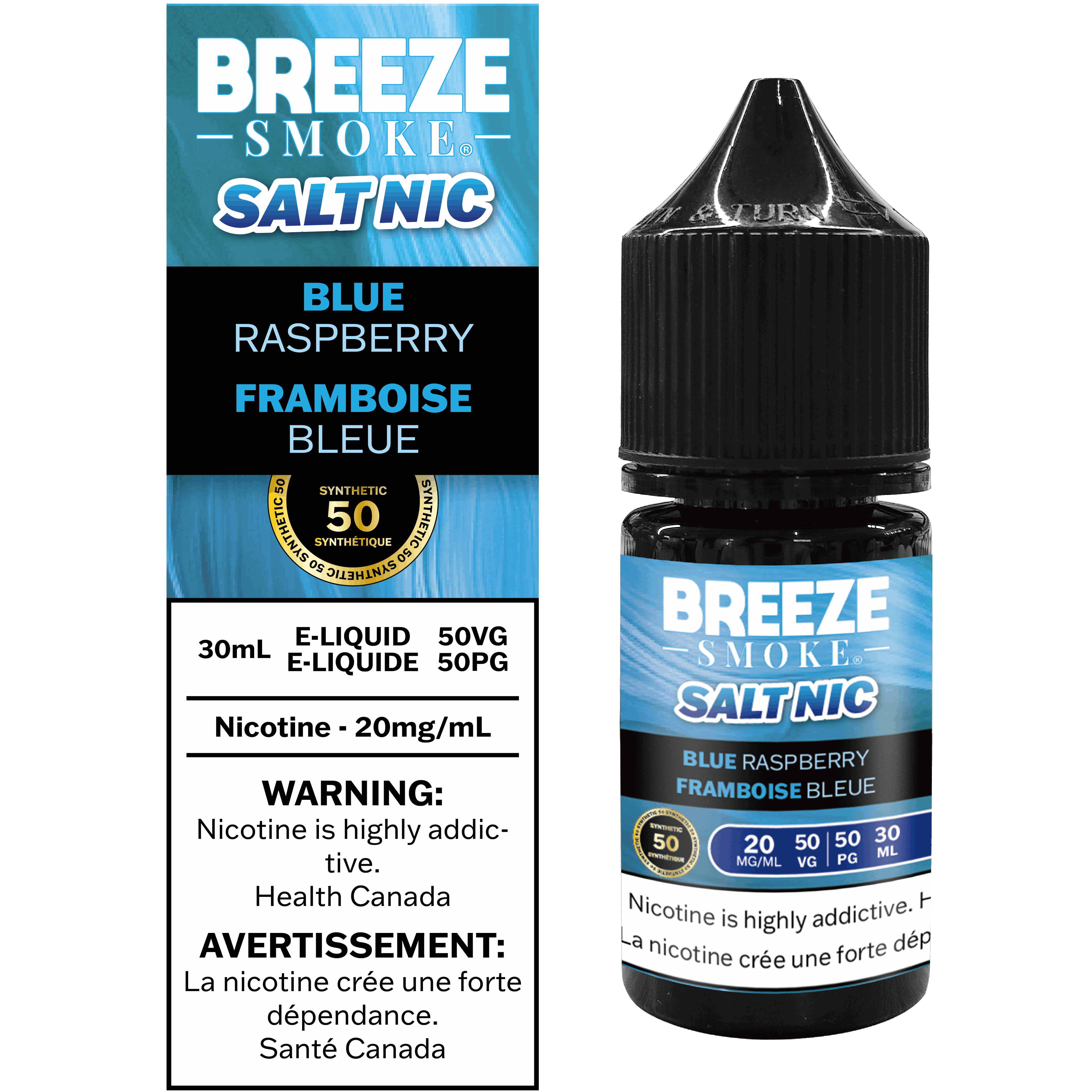 Breeze Smoke Salt Nic Blue Raspberry e-liquid bottle and packaging on a white background