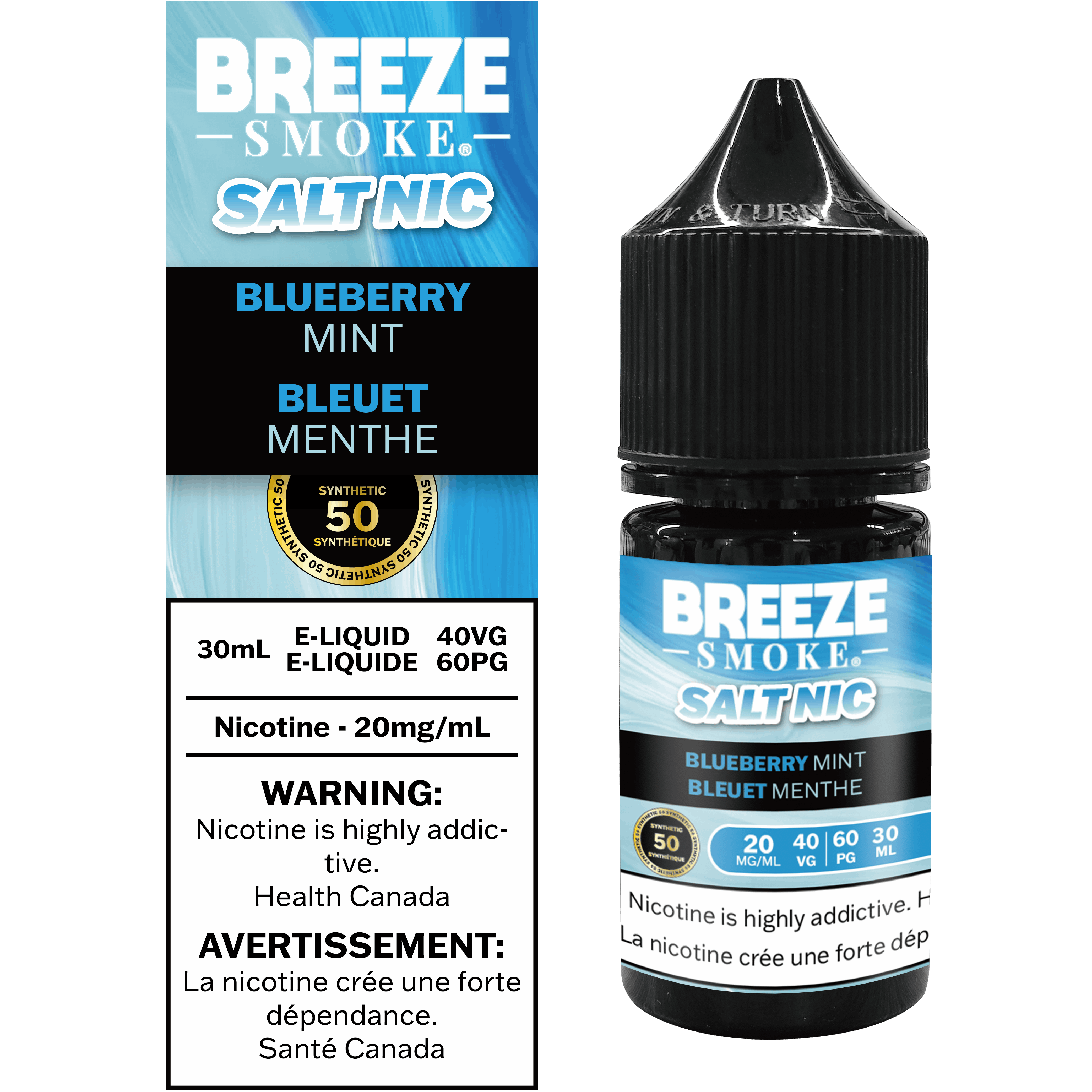 Breeze Smoke Salt Nic Blueberry Mint e-liquid bottle and packaging on a white background