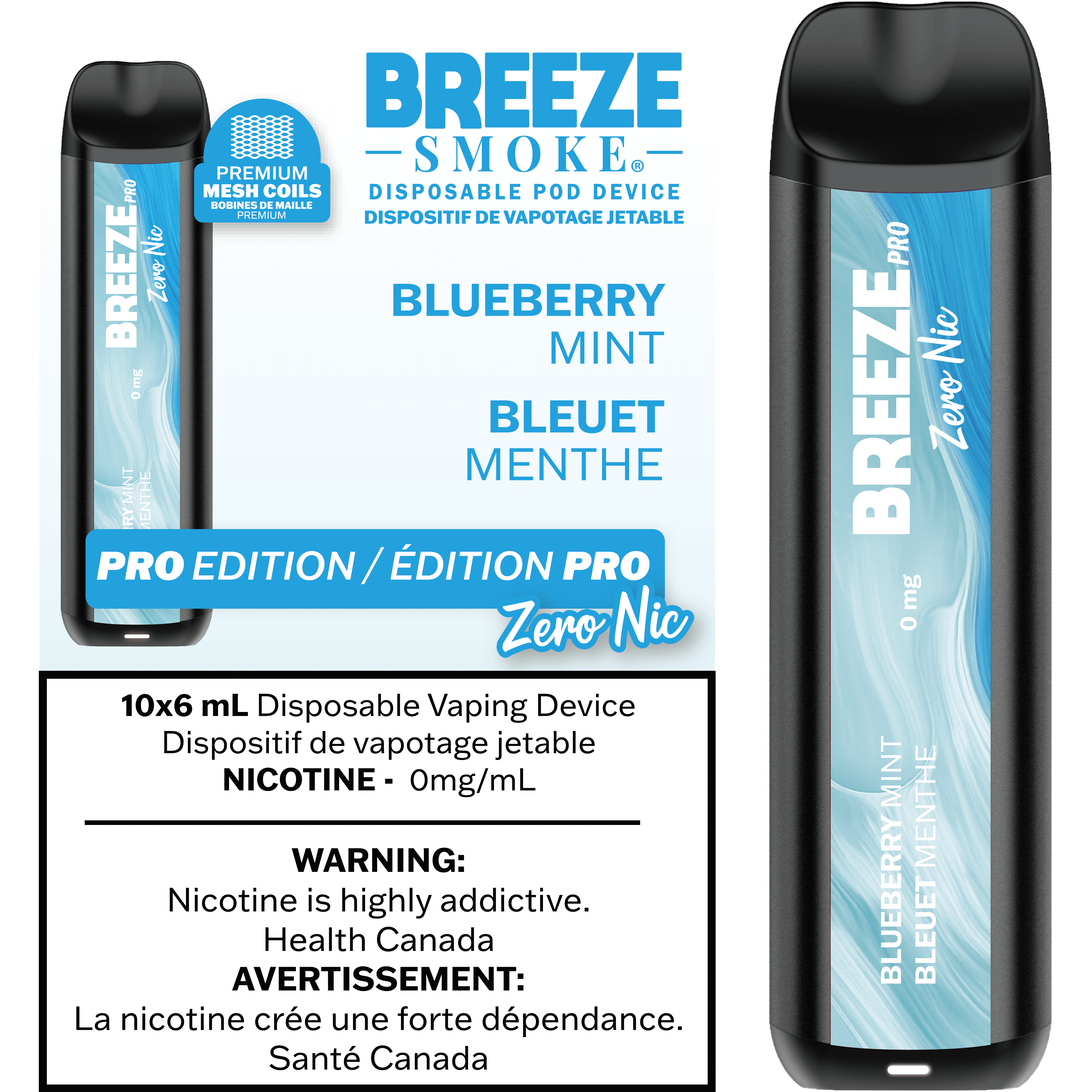 Breeze PRO 0MG disposable vape, Blueberry Watermelon flavour, nicotine-free, up to 2,000 puffs, rich flavour, sleek portable design for Ontario and Quebec vapers.
