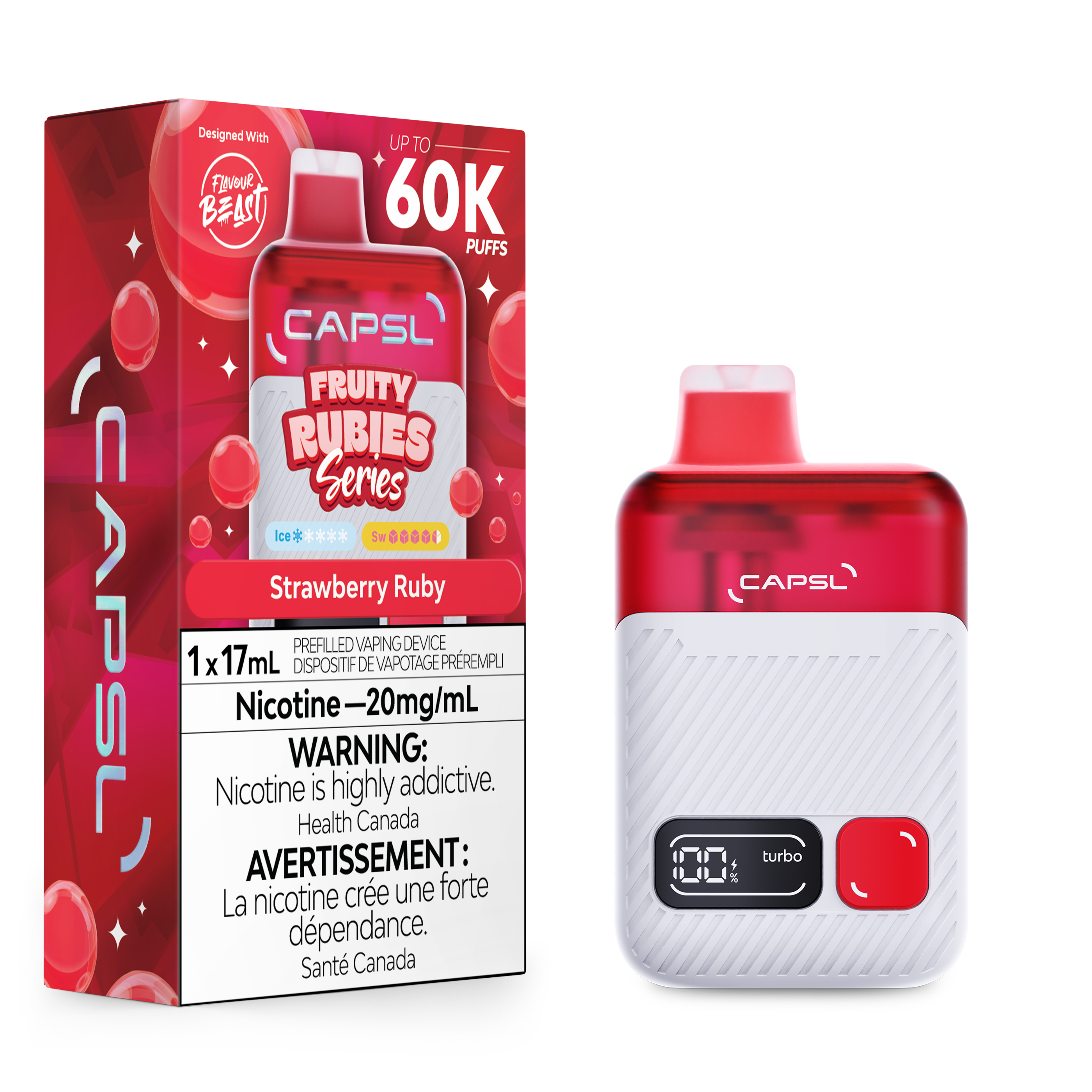 CAPSL Strawberry Ruby vape device and packaging on a white background