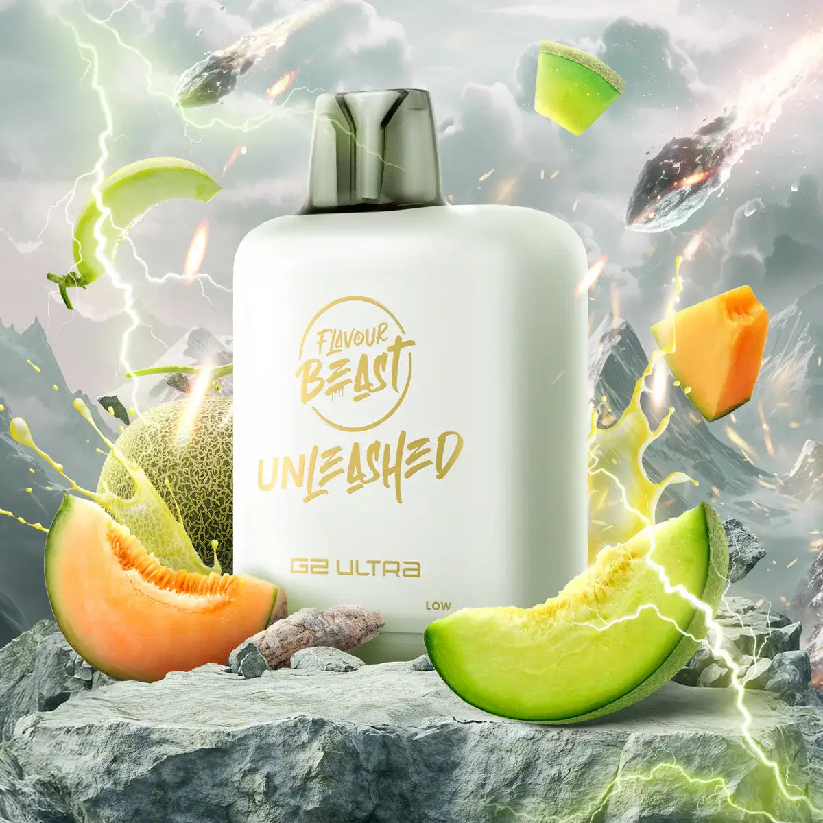 Flavour Beast Level X Unleashed Ultra G2 Pods with fruit and explosive design background