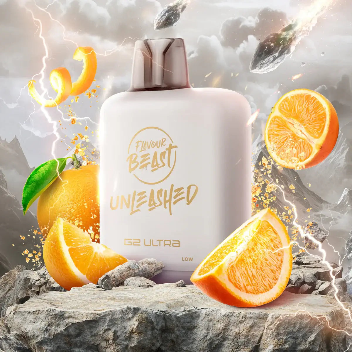 Flavour Beast Level X Unleashed Ultra G2 Pods with orange slices and vibrant energy effects.