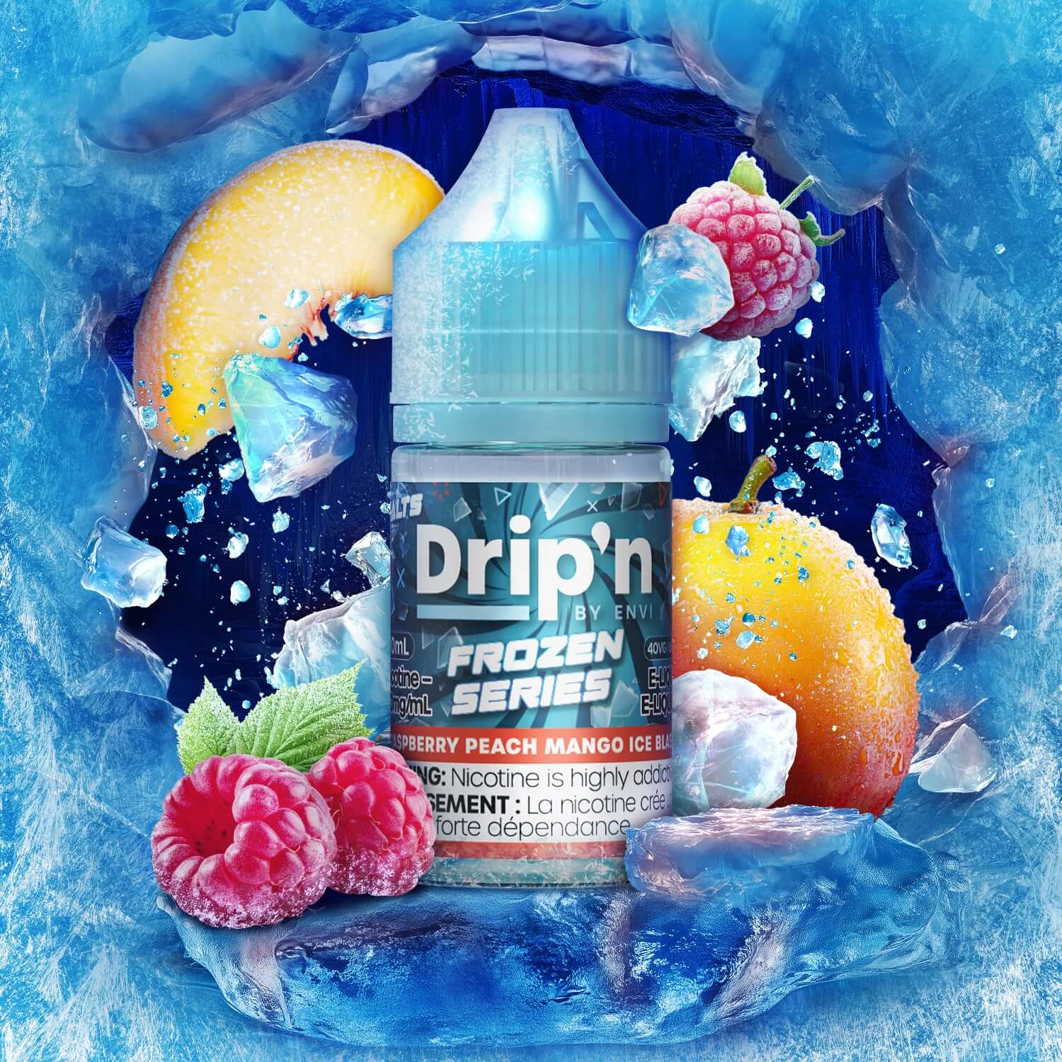 DRIP'N by Envi Frozen Series Salt, Raspberry Peach Mango Ice Blast flavour, 30mL bold and frosty e-liquid with smooth salt nicotine satisfaction, perfect for Ontario and Quebec vapers.