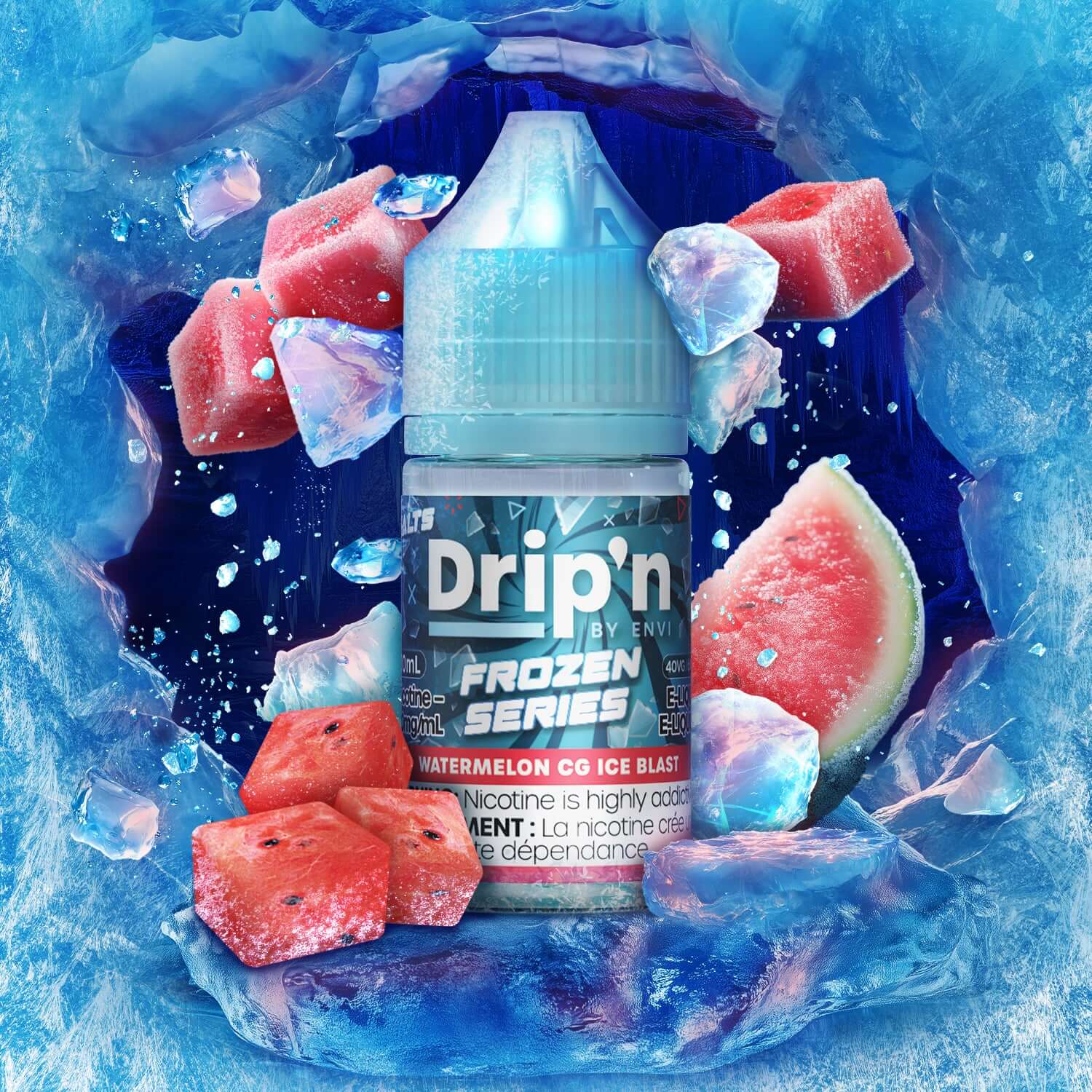 DRIP'N by Envi Frozen Series Salt 30mL, Watermelon CG Ice Blast flavor, premium salt nicotine e-liquid providing a cool, icy vape experience, designed for Ontario and Quebec vapers.