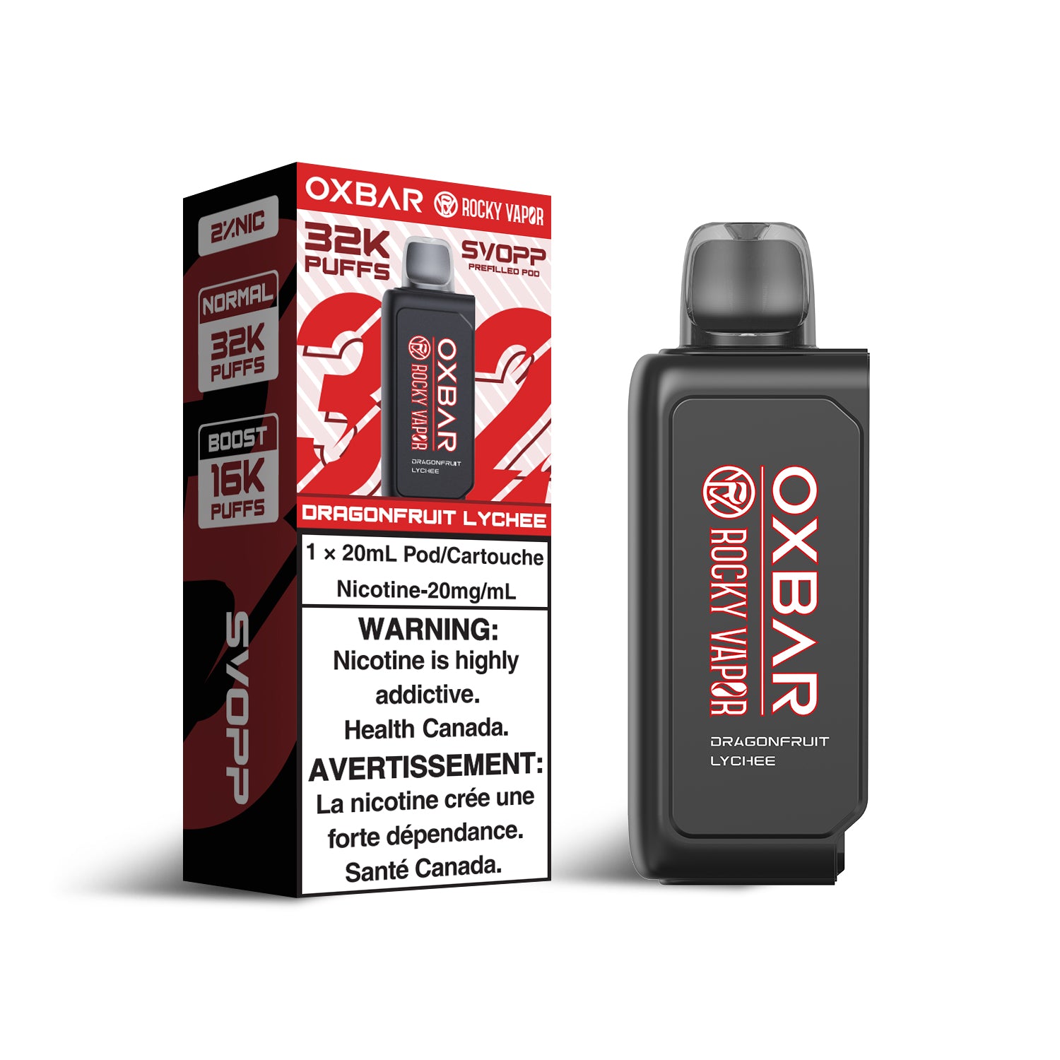 SVOPP Rocky Vapor OXBAR 32K, Skit flavor, up to 32,000 puffs with customizable airflow and wattage, premium disposable vape ideal for Ontario and Quebec vapers.