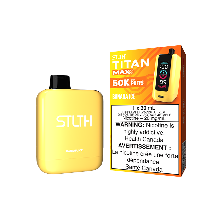 STLTH Titan MAX 50K disposable vape, Banana Ice flavour, quad mesh coil, adjustable airflow, USB-C charging, durable for up to 50,000 puffs, designed for Ontario and Quebec vapers.
