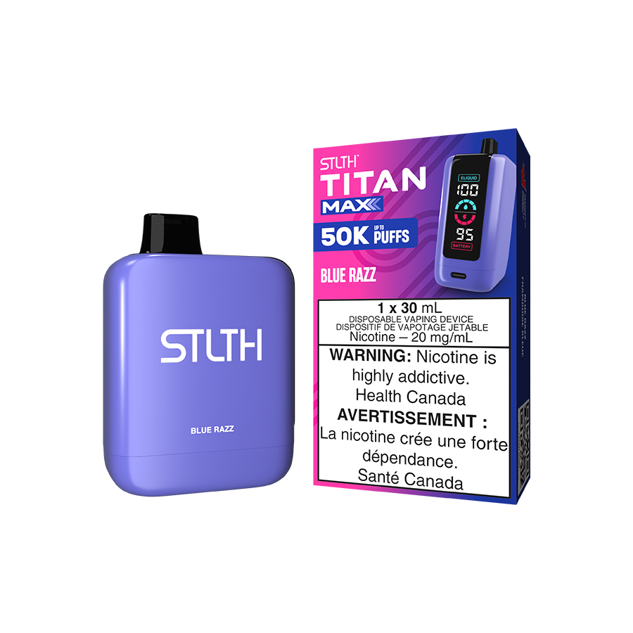 STLTH Titan MAX 50K disposable vape, Blue Razz flavour, quad mesh coil, LED mega screen, adjustable airflow, USB-Type C charging, designed for Ontario and Quebec vapers.
