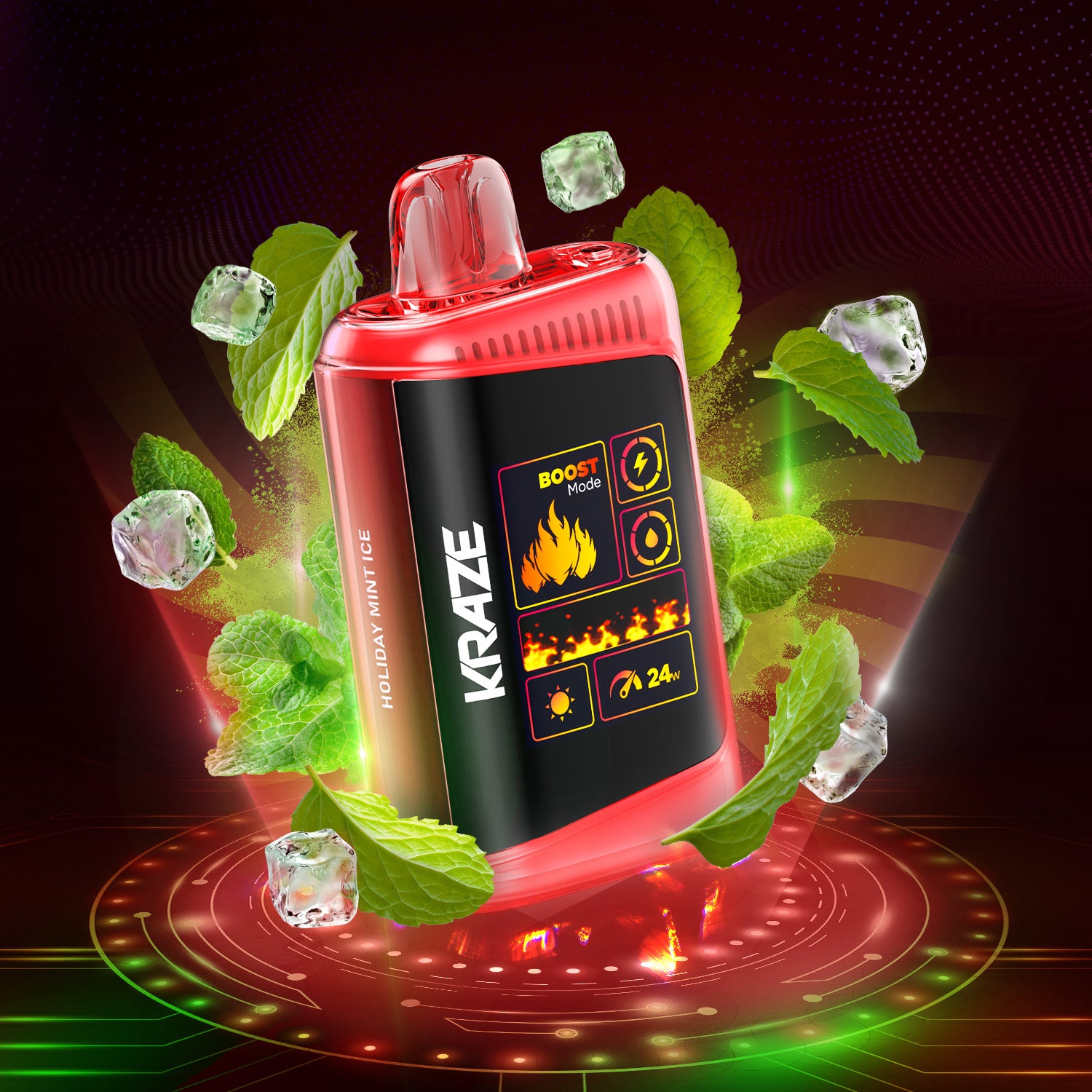 KRAZE HD Mega, Peach Mango Ice flavour disposable vape with rechargeable 800mAh battery and adjustable airflow, designed for enhanced vaping experience in Ontario and Quebec.