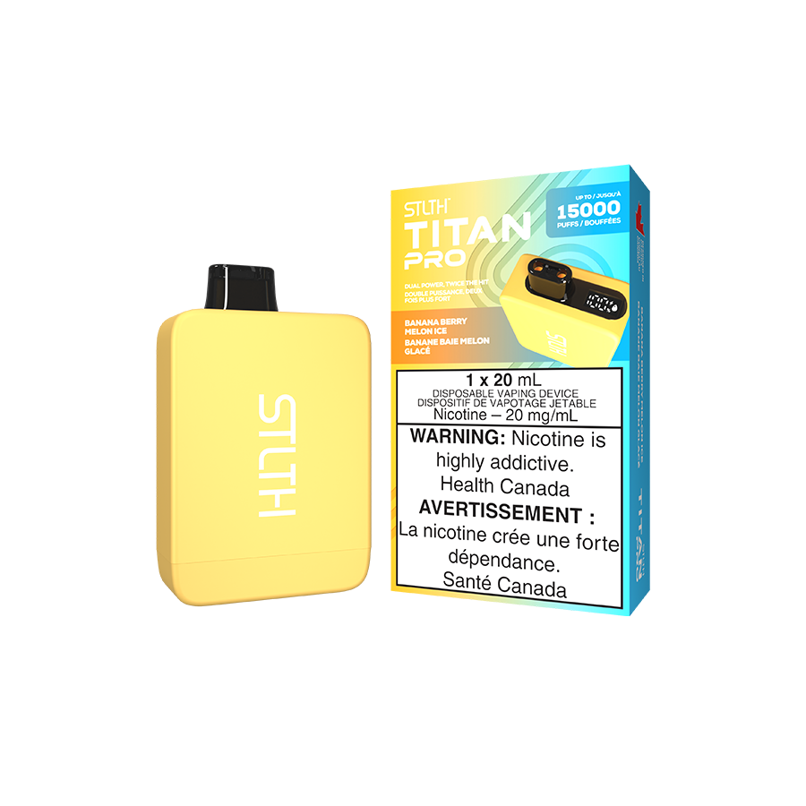 STLTH Titan PRO disposable vape, Banana Berry Melon Ice flavour, rechargeable 900mAh battery, dual mesh coils, LED screen for e-liquid and battery monitoring, designed for smooth and refreshing vaping experience in Ontario and Quebec.