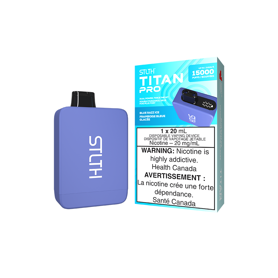 STLTH Titan PRO, Blue Razz Ice flavour, dual mesh coils for rich smooth hits, adjustable airflow for a customized vaping experience, ideal for Ontario and Quebec vapers.