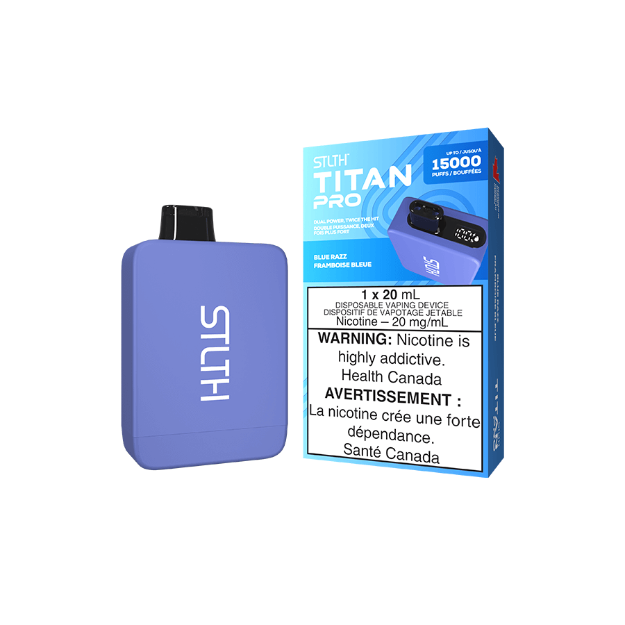STLTH Titan PRO, Blue Razz flavour, dual mesh coils for intense smooth hits, up to 15,000 puffs, rechargeable via USB Type-C, ideal for Ontario and Quebec vapers.