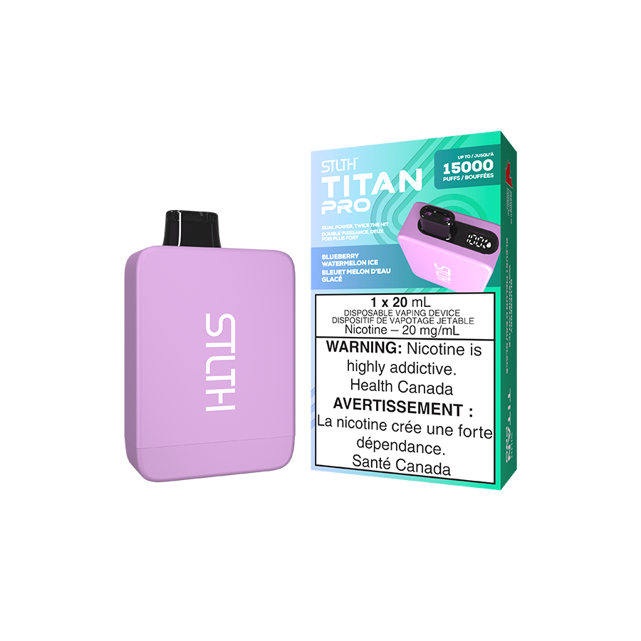 STLTH Titan PRO disposable vape, Blueberry Watermelon Ice flavour, featuring dual vertical mesh coils, adjustable airflow, rechargeable 900mAh battery, up to 15,000 puffs, premium vaping device for Ontario and Quebec users.