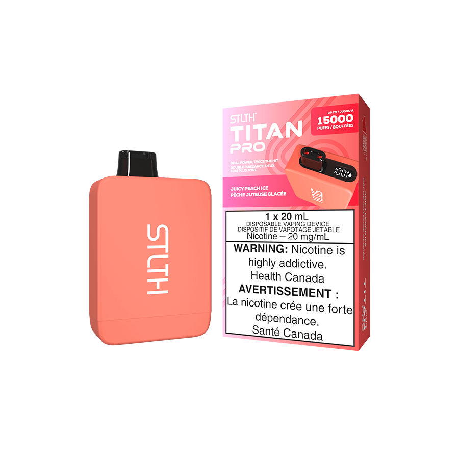 STLTH Titan PRO, Juicy Peach Ice flavour, smooth icy peach notes with dual mesh coils for intense flavour and long-lasting vaping, ideal for Ontario and Quebec vapers.