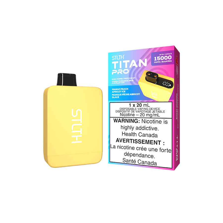 STLTH Titan PRO, Mango Peach Apricot Ice flavour, rechargeable vape with dual mesh coils for intense flavour and smooth hits, designed for Ontario and Quebec vapers.