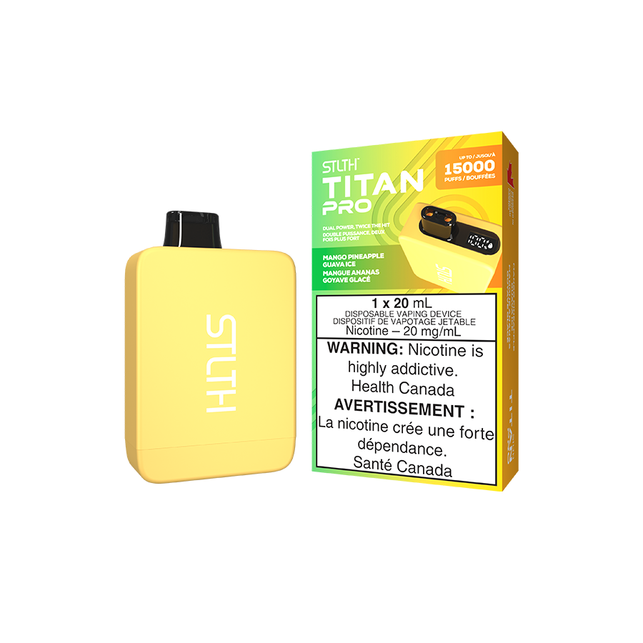 STLTH Titan PRO, Mango Pineapple Guava Ice flavour, dual mesh coil technology, rechargeable disposable vape, bold smooth tropical hits, ideal for Ontario and Quebec vapers.