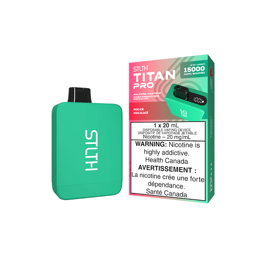 STLTH Titan PRO, POG Ice flavour, 20mg nicotine, intense dual mesh coil vape with smooth and flavorful hits, long-lasting battery, designed for Ontario and Quebec vapers.