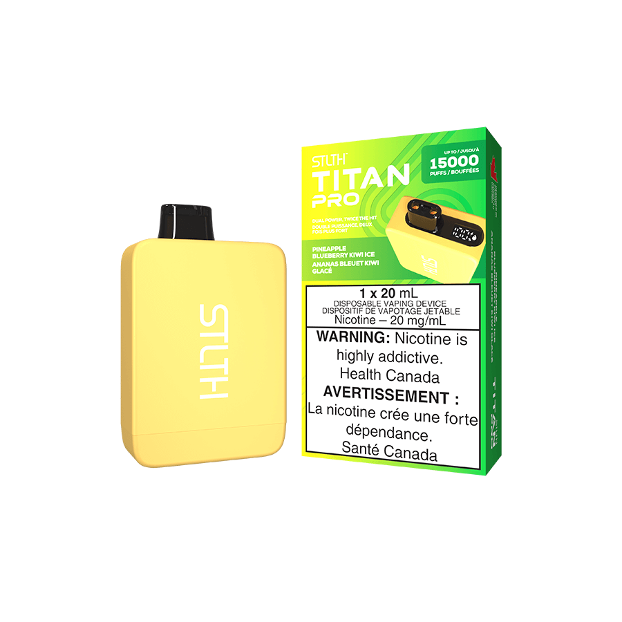 STLTH Titan PRO, Pineapple Blueberry Kiwi Ice flavour, dual mesh coils, rechargeable battery with up to 15,000 puffs, ideal for Ontario and Quebec vapers
