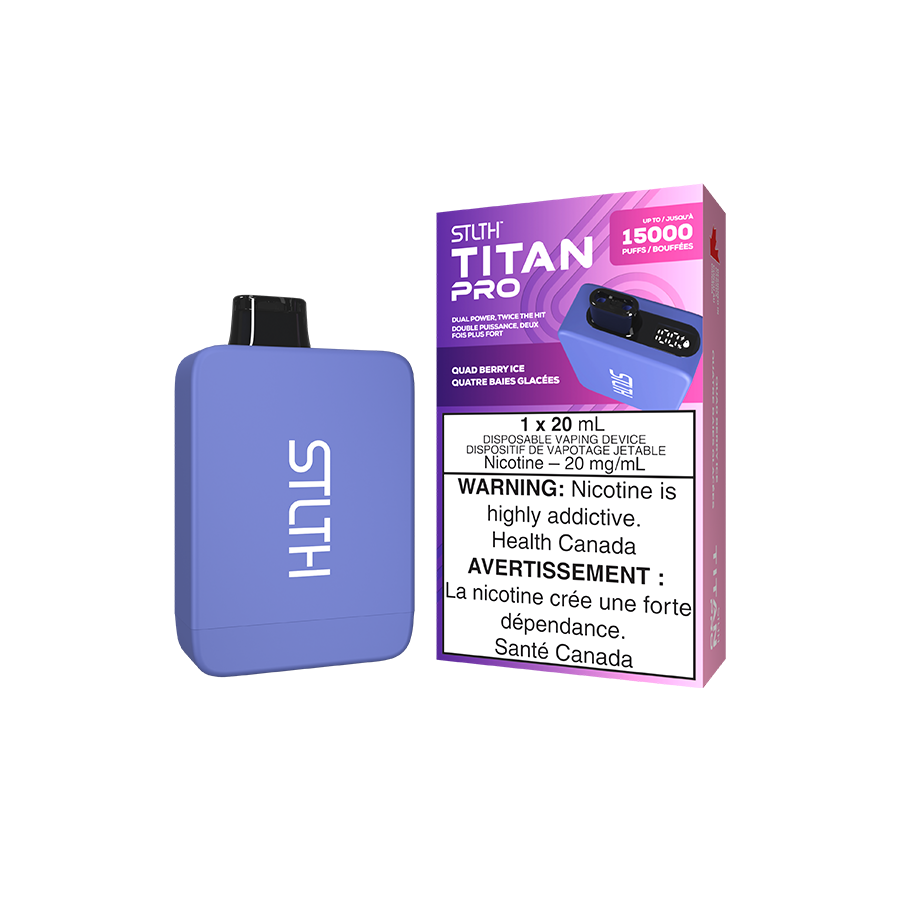 STLTH Titan PRO, Quad Berry Ice flavour, dual mesh coils for powerful hits and smooth vaping experience, designed for Ontario and Quebec vapers.