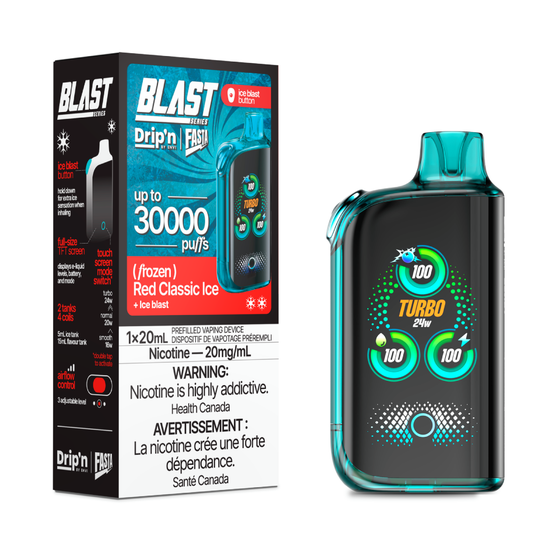 DRIP'N Fasta Blast 30K, Strawberry Kiwi Ice flavour, adjustable cooling with three vaping modes, delivering up to 30,000 puffs for long-lasting satisfaction, ideal for Ontario and Quebec vapers.
