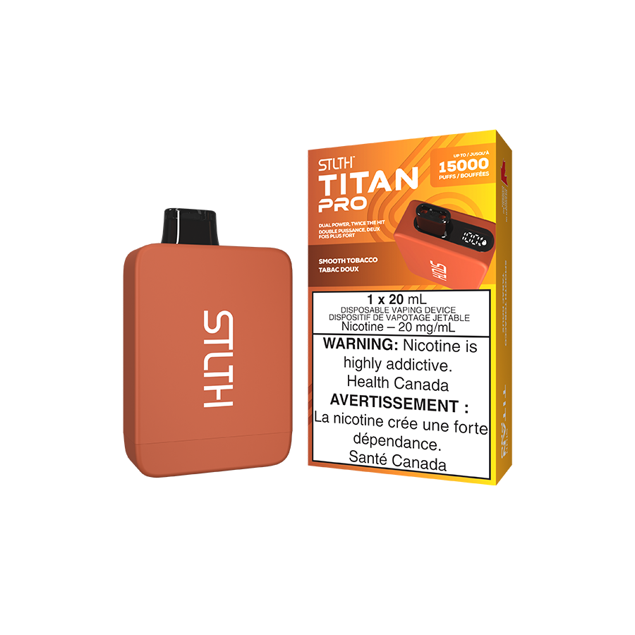 STLTH Titan PRO, Smooth Tobacco flavour, 20mg nicotine, rich and smooth hits with exceptional flavour delivery, perfect for vapers in Ontario and Quebec.