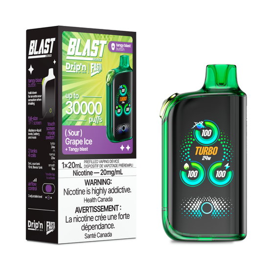 DRIP'N Fasta Blast 30K, Red Classic Ice flavour with adjustable blast cooling, dual coils, 30,000 puffs disposable vape, long-lasting and refreshing, ideal for vapers in Ontario and Quebec.