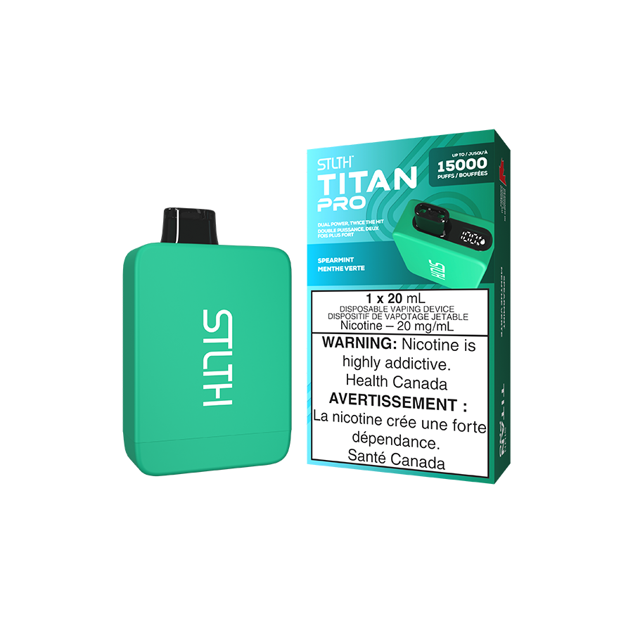 STLTH Titan PRO, Spearmint flavour, 20mg nicotine, rechargeable vaping device delivering powerful hits and smooth vaping experience, ideal for Ontario and Quebec vapers.