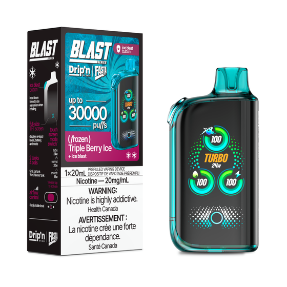 DRIP'N Fasta Blast 30K, Strawberry Kiwi Banana Ice flavour, adjustable cooling, up to 30,000 puffs for lasting enjoyment, ideal for vapers in Ontario and Quebec.