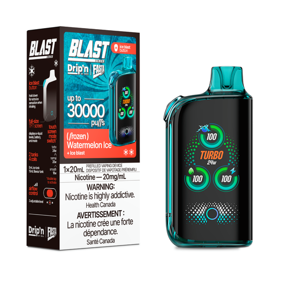 DRIP'N Fasta Blast 30K, Peach Blue Razz Ice flavour, adjustable cooling with smooth vape modes including normal and turbo, up to 30,000 puffs, designed for Ontario and Quebec vapers.