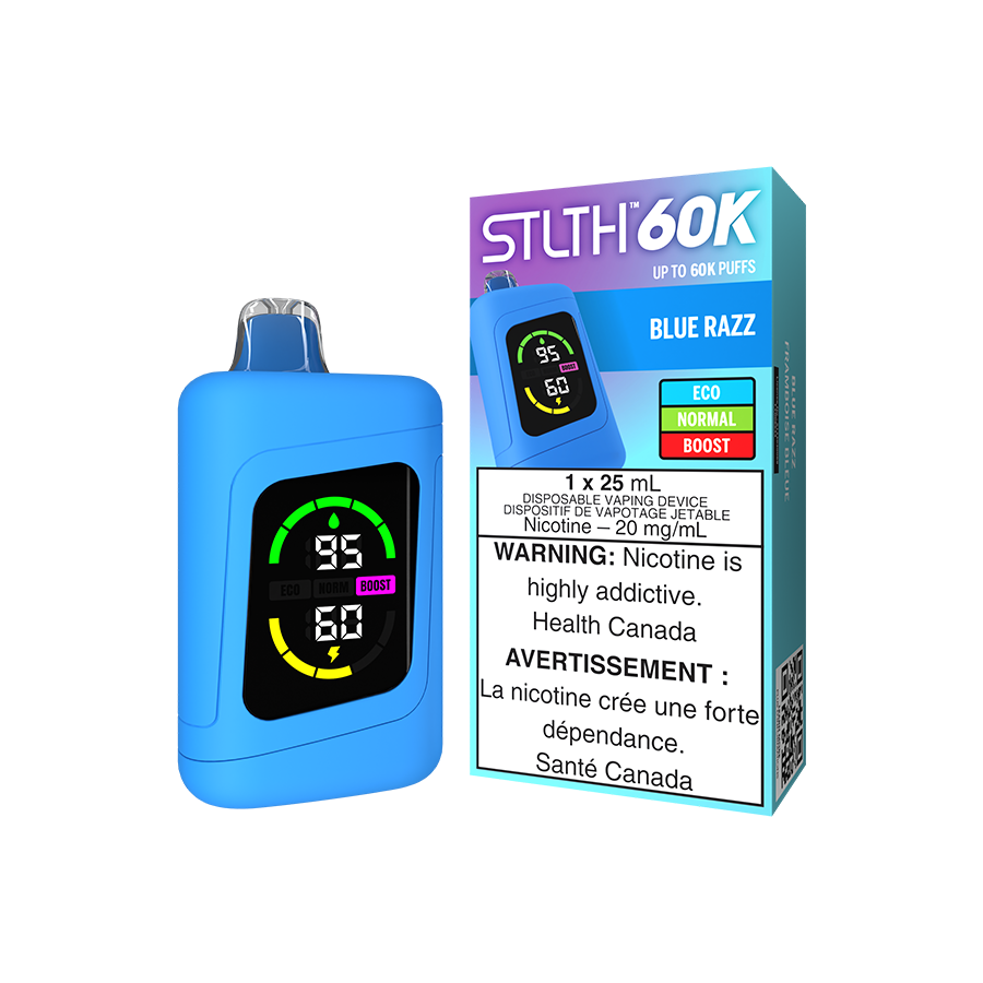 STLTH 60K, Blue Razz flavour disposable vape with fast USB Type-C recharge and upgraded screen displaying battery and e-liquid levels, ideal for Ontario and Quebec vapers.