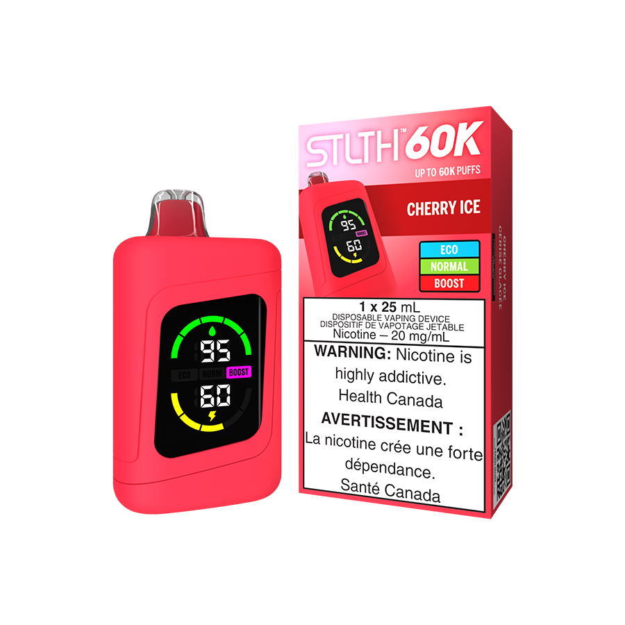 STLTH 60K disposable vape, Cherry Ice flavour, fast USB Type-C recharge, clear display, ideal for Ontario and Quebec vape users.