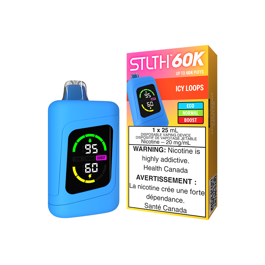 STLTH 60K, Icy Loops flavour, upgraded screen and USB Type-C fast charging, sleek and reliable vape device designed for Ontario and Quebec vapers.