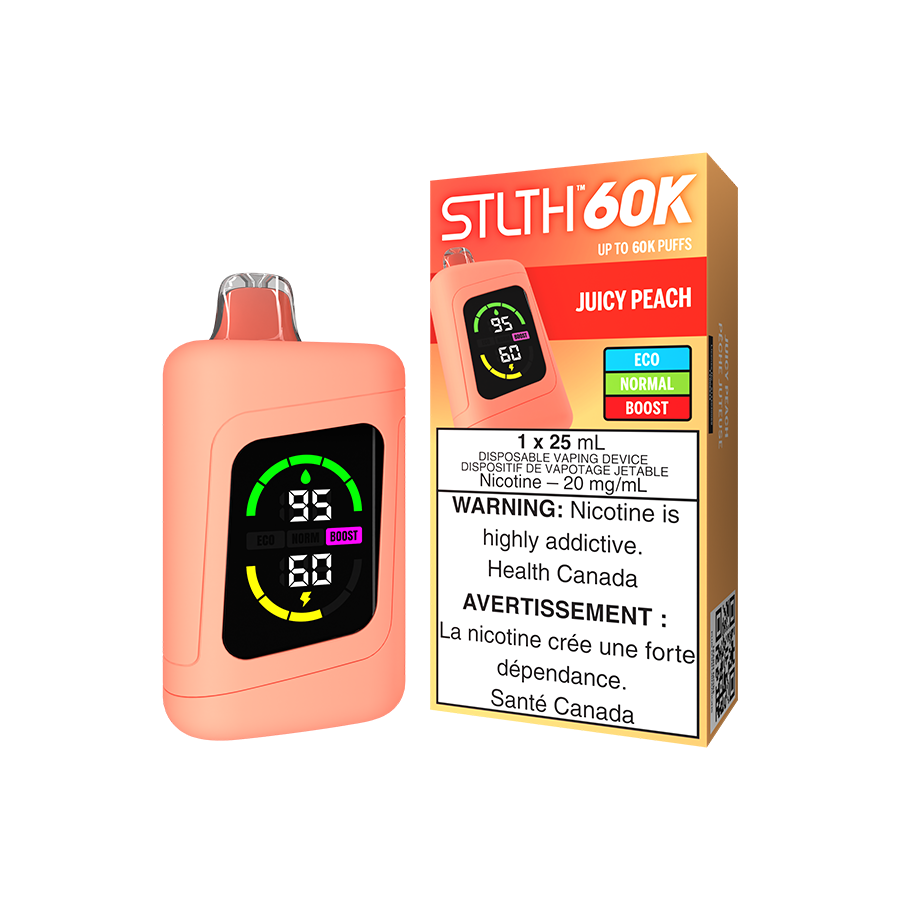 STLTH 60K Disposable Vape, Juicy Peach flavour, smooth and flavourful vaping experience, reliable battery life with USB Type-C charging, designed for Ontario and Quebec customers.