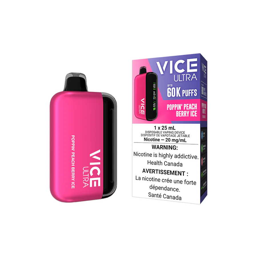 VICE Ultra, Poppin' Peach Berry Ice flavour, adjustable airflow with three output modes for a customized vaping experience, designed for Ontario and Quebec users.