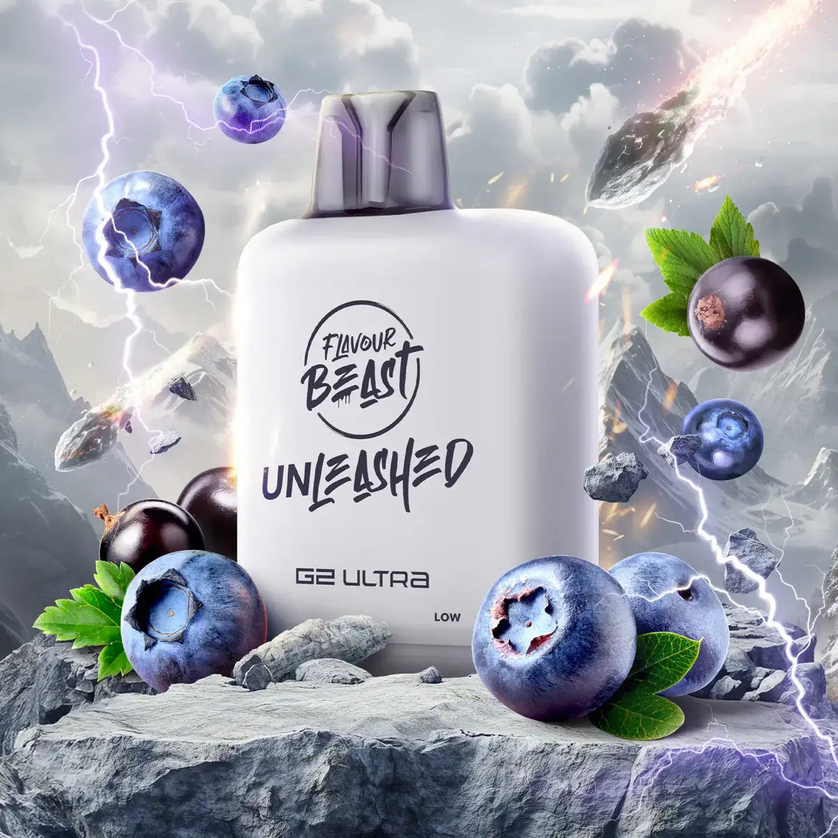 Flavour Beast Level X Unleashed G2 Ultra Pods with blueberries and mint on rocky background.