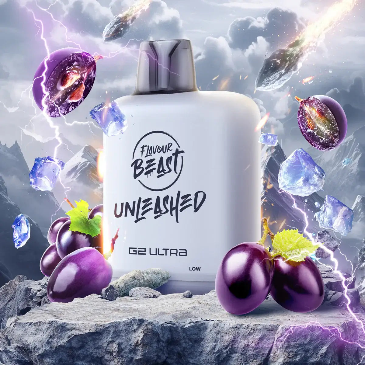 Flavour Beast Level X Unleashed G2 Ultra Pods displayed with vibrant graphics and dramatic effects.