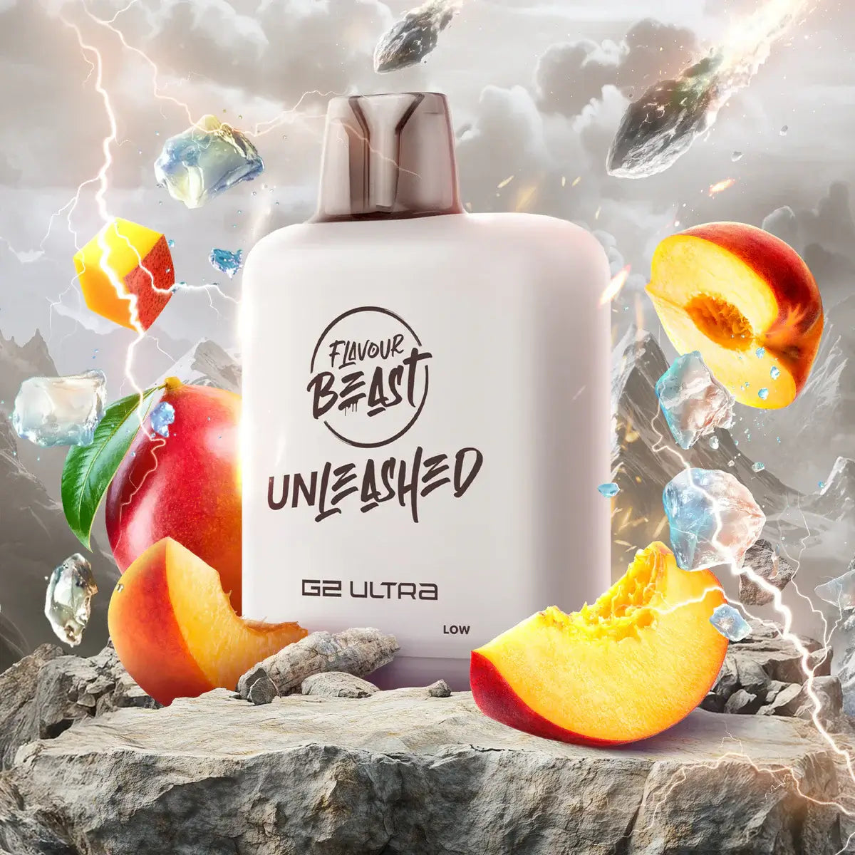 Flavour Beast Level X Unleashed G2 Ultra Pods displayed with peaches and dynamic effects on a rocky background.