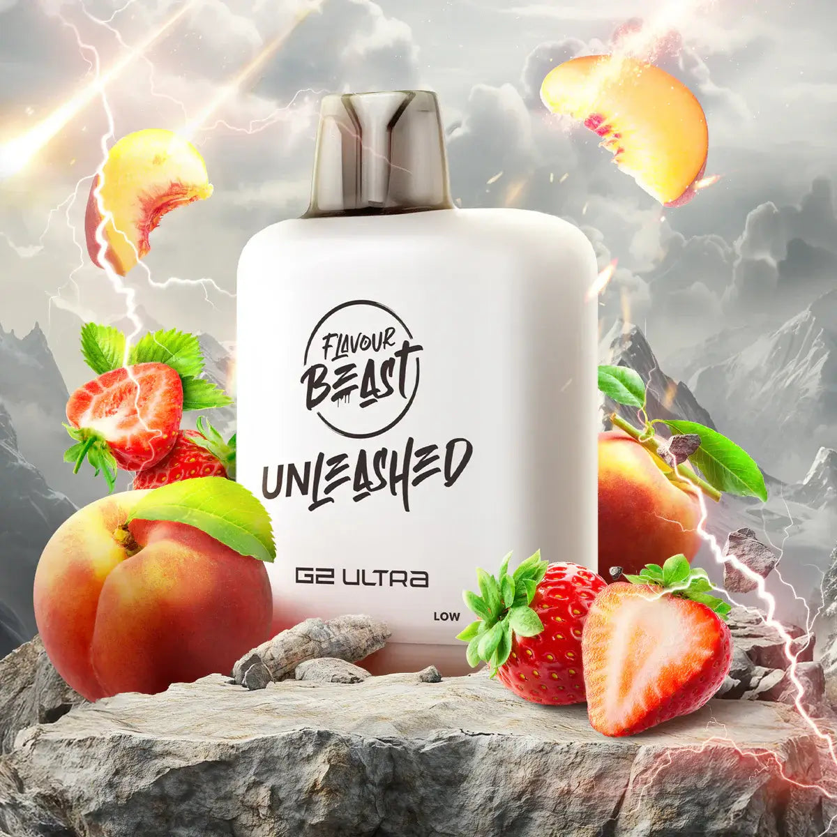 Flavour Beast Level X Unleashed Ultra G2 Pods with fruit elements like strawberries and peaches on rocky background.