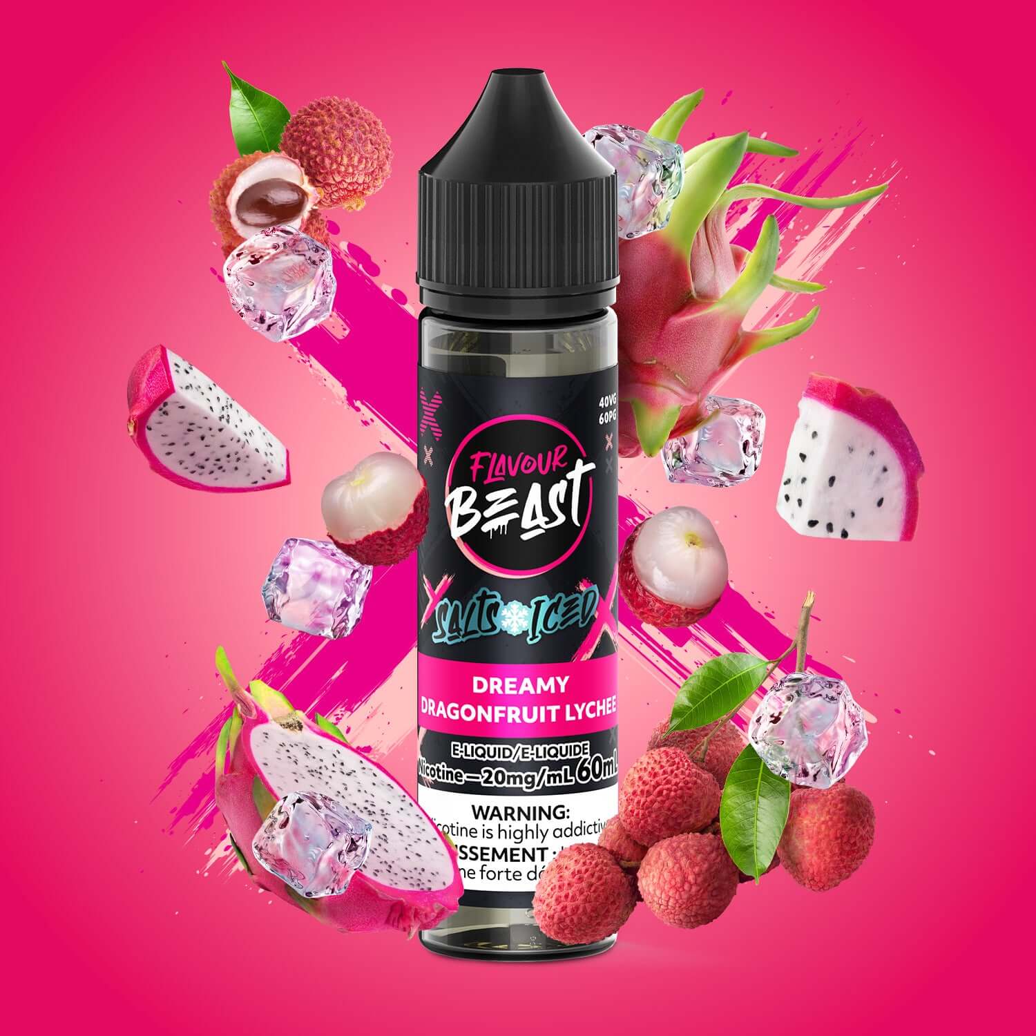 Flavour Beast E-Liquid Salt Iced 60mL, Famous Fruit KO flavour with 20 mg/mL nicotine, bold and smooth vaping experience, designed for Ontario and Quebec vapers.