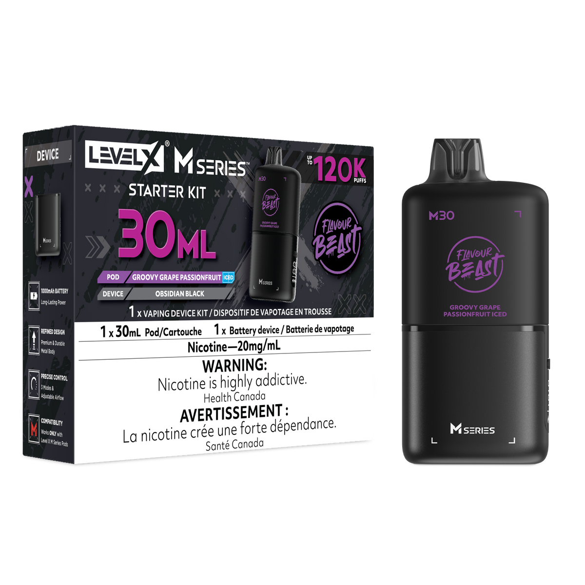Flavour Beast Level X M Series Starter Kit 30mL Groovy Grape Passionfruit Iced - Supa Vapes