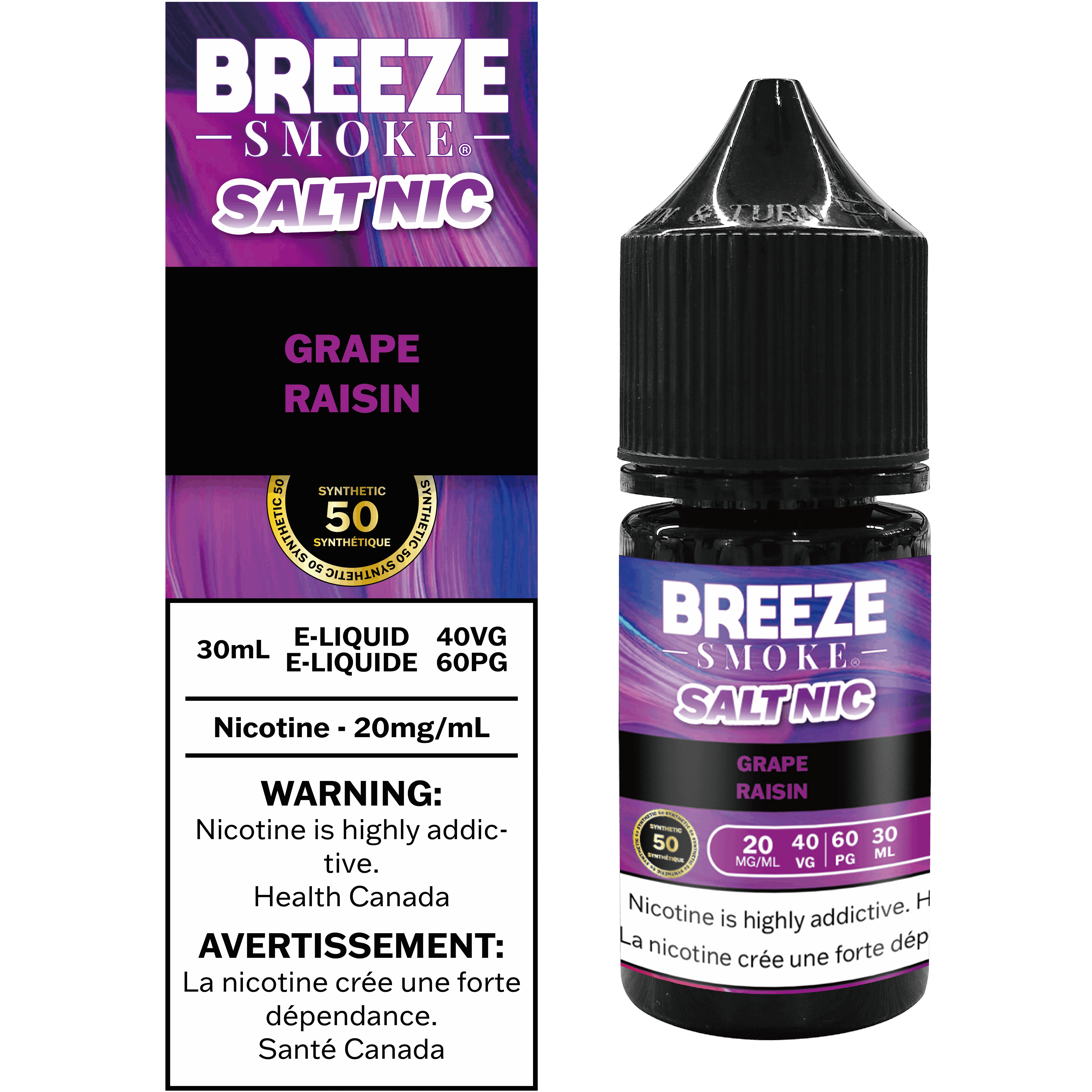 Breeze Smoke Salt Nic grape raisin e-liquid bottle and packaging on a white background