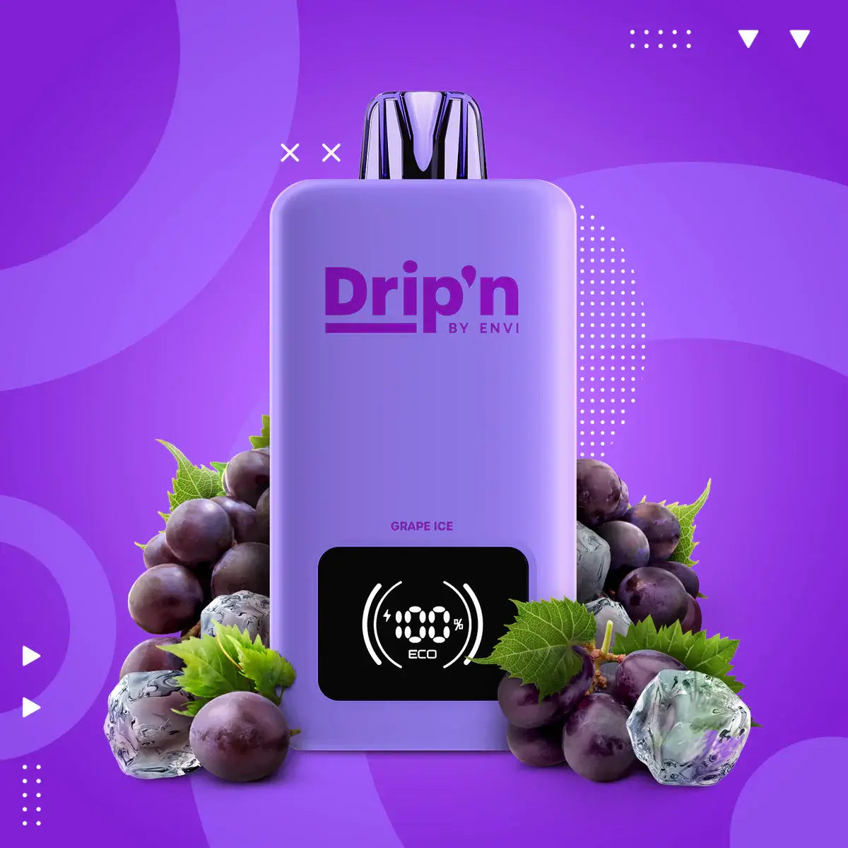 DRIP'N by Envi 26mL Disposable in Grape Ice flavor with eco mode, surrounded by grapes on a purple background.