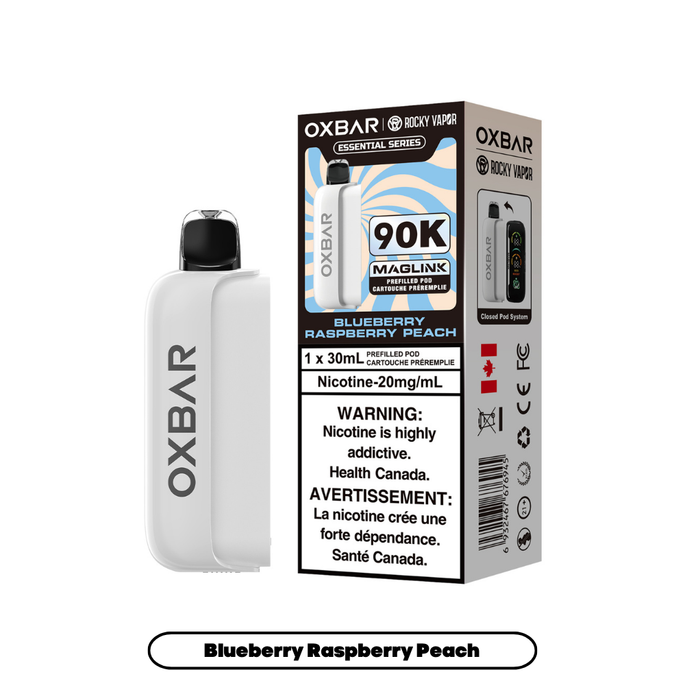 OXBAR 90K vape prerfilled pod device and packaging on a white background