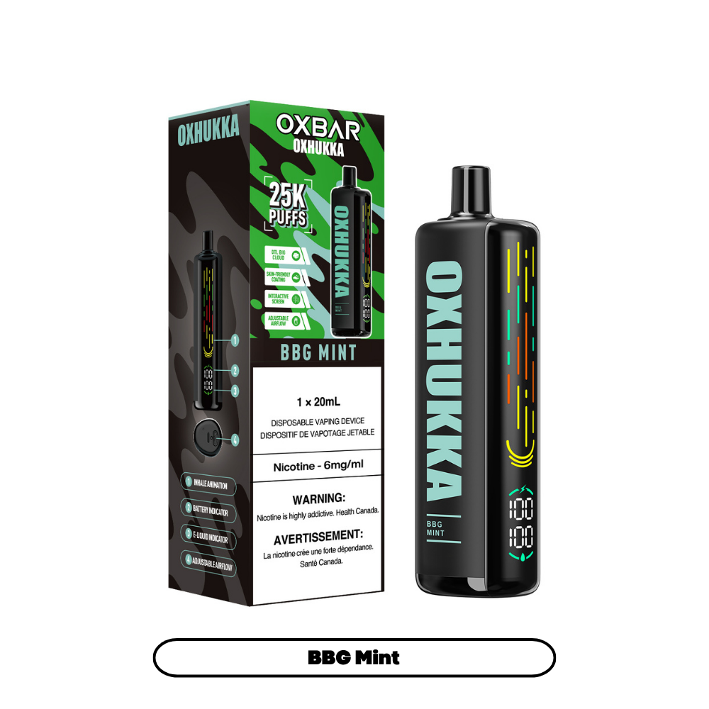 OXBAR Oxhukka, Watermelon Ice flavour disposable vape with 20mg nicotine strength, 25,000 puffs capacity, rechargeable 1000mAh battery, adjustable airflow for optimal vaping in Ontario and Quebec.