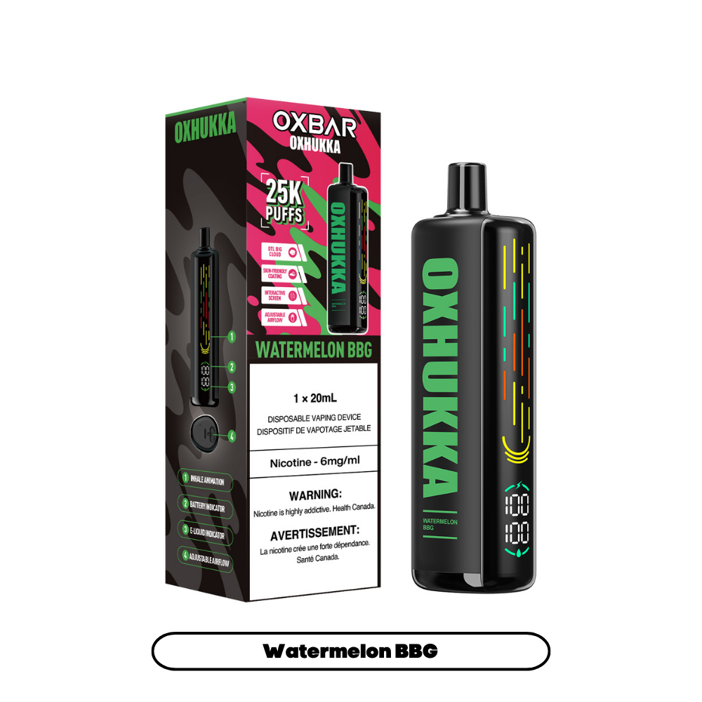 OXBAR Oxhukka, BBG Mint flavour, 25,000 puffs capacity, 1000mAh rechargeable battery, advanced dual mesh coil vape device, perfect for Ontario and Quebec vapers.