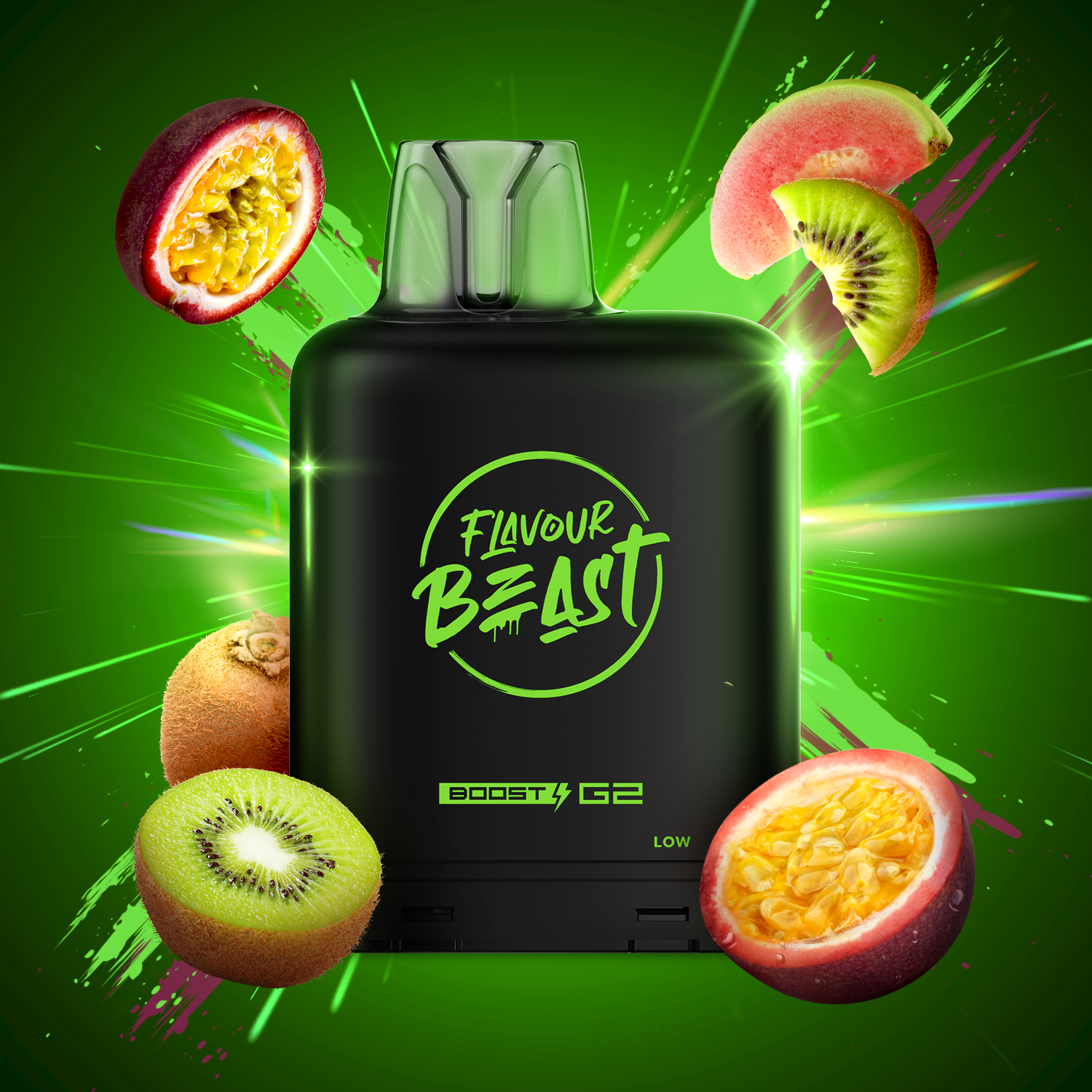 Flavour Beast Level X Boost 25K, Strawberry Cherry Watermelon flavor pod delivering up to 25,000 puffs, robust and long-lasting vape experience, designed for Ontario and Quebec vapers.