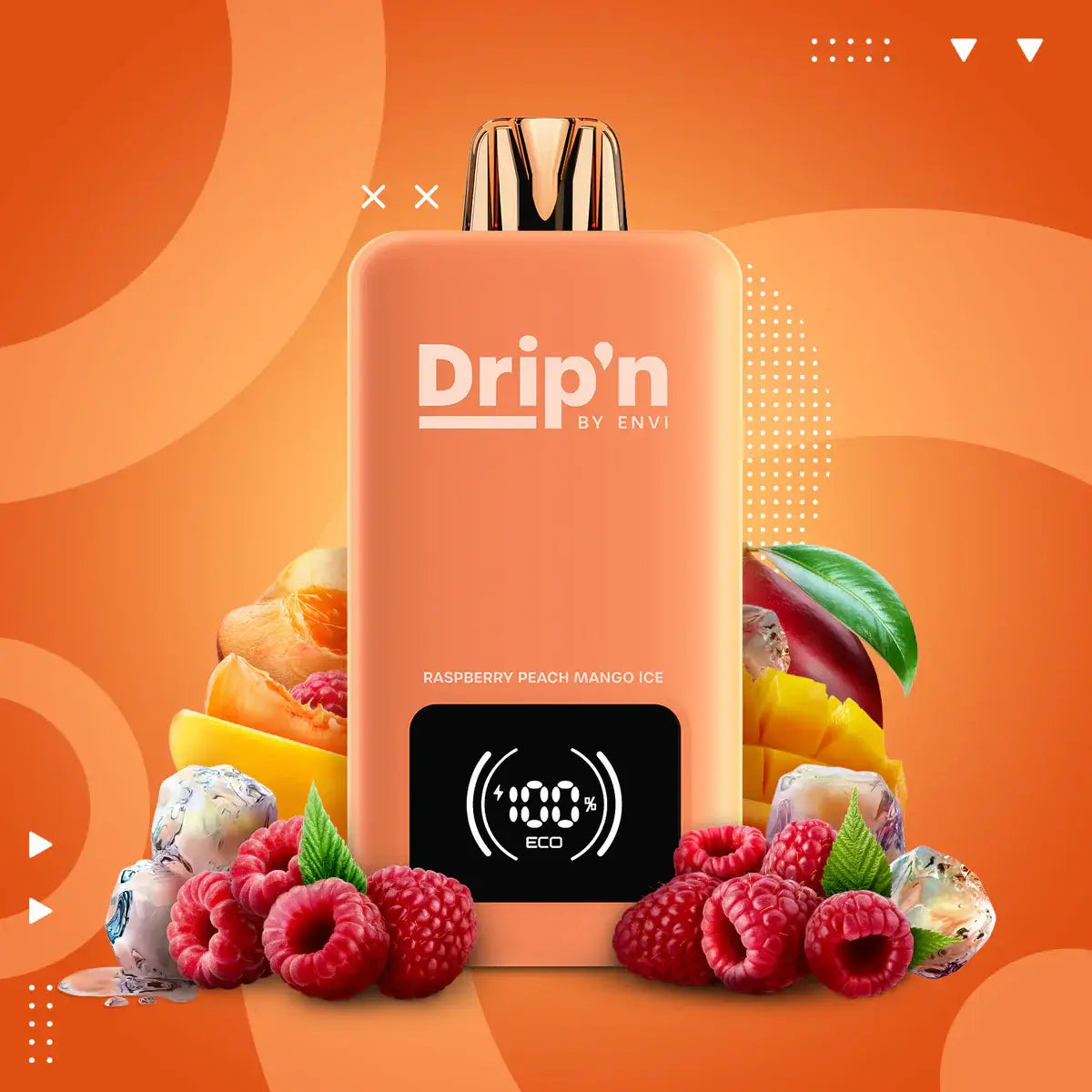 DRIP'N by Envi 26mL Disposable in peach flavor with raspberry, mango, and ice background