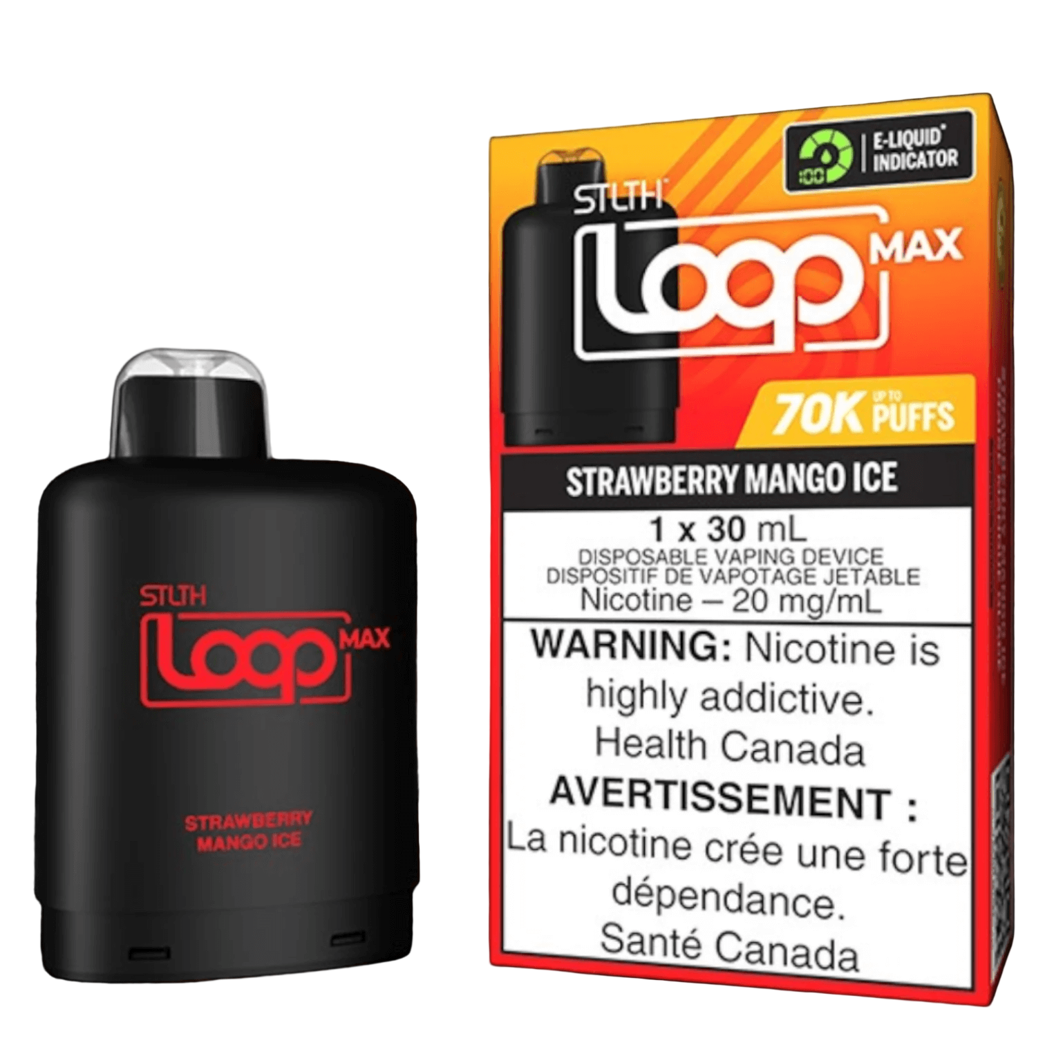 STLTH Loop MAX, Strawberry Mango Ice flavour, customizable nicotine strength, smooth intense flavour with long-lasting performance, designed for Ontario and Quebec vapers.